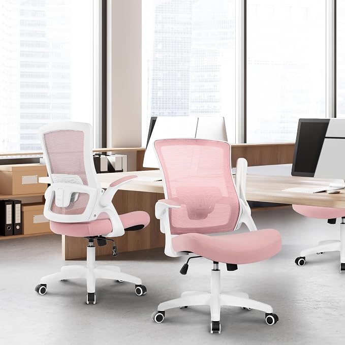 NEO CHAIR Office Desk Gaming Chair Computer High Back Mesh Seat with Rolling Wheels Ergonomic Adjustable Comfy Flip-up Armrests Lumbar Support Height for Home (Pink)