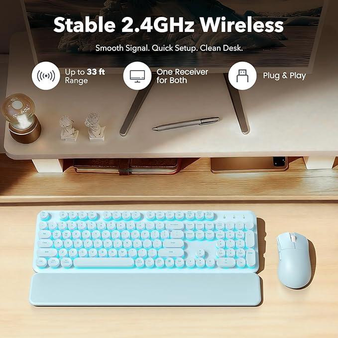 Wireless Keyboard and Mouse Combo, Backlit Round Keycaps, Retro Typewriter Keyboard with Detachable Wrist Rest, Rechargeable & Tilt Legs, 2.4GHz Cordless Connection for Windows/PC (Glowing Blue)