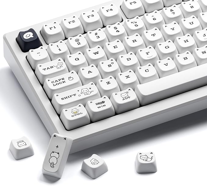 XVX Cute Cat Keycaps, Mao Profile White PBT Keycaps, 143 Keys Meow Meow Keyboard Keycap Sets Compatible with 65% 75% 96% 100% Cherry Gateron MX Switches Mechanical Gaming Keyboard