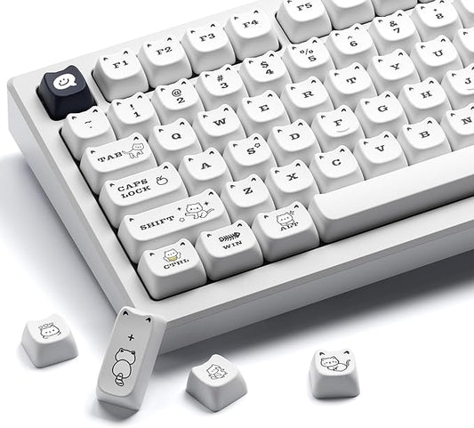 XVX Cute Cat Keycaps, Mao Profile White PBT Keycaps, 143 Keys Meow Meow Keyboard Keycap Sets Compatible with 65% 75% 96% 100% Cherry Gateron MX Switches Mechanical Gaming Keyboard