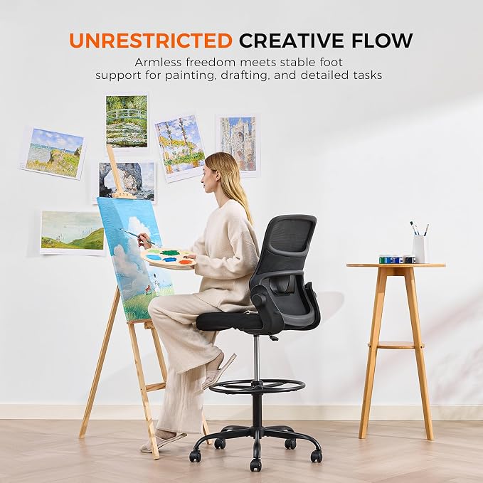 Armless Drafting Chair, Tall Office Chair for Standing Desks | A foot ring steadies legs through crafting and studio projects; breathable lumbar mesh and silent casters fit compact spaces.