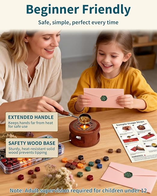 Wax Seal Stamp Kit for Beginners: Wax Sealing Tool Set 3 Brass Stamp Heads with Unique Patterns, 200 Beads, 5 Envelopes & Instructions for Wedding Invitations, DIY Letters & Gift Decoration