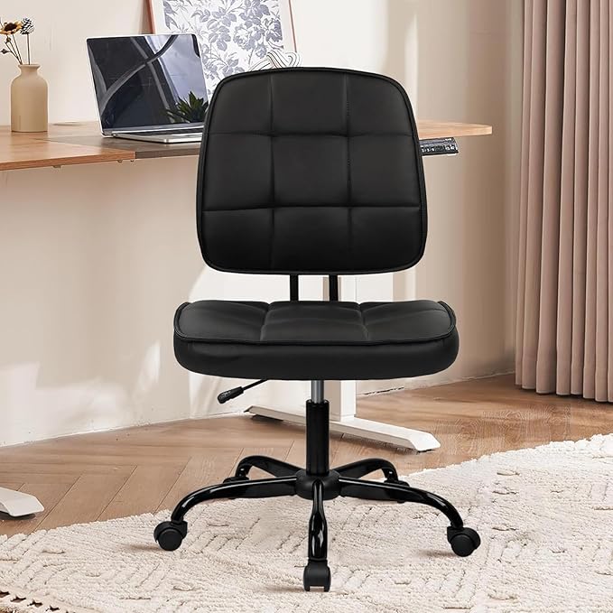 CLATINA Home Office Chair No Arms with Wheels, Armless Small Leather Ergonomic Low Back Desk Chairs Adjustable Height 360° Swivel Rolling Computer Task Chair for Work Conference Room, Black, 2 Pack