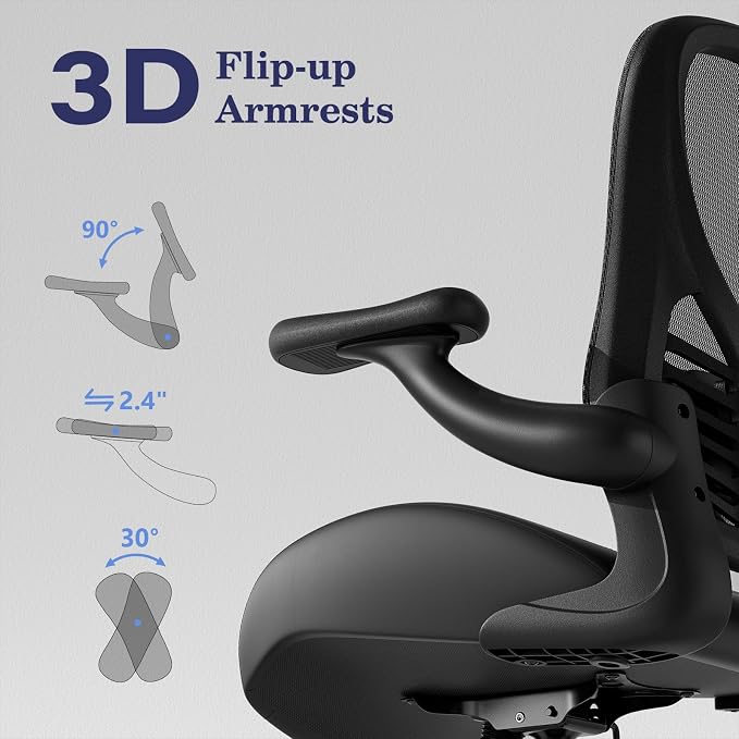 GYI Ergonomic Office Chair with Memory Foam Cushion, Big and Tall Office Chair, 4.7" Thickened Seat Heavy Duty Desk Chair with Technical Mesh Back, 3D Flip-up Arms, Wheels for Heavy People, Black