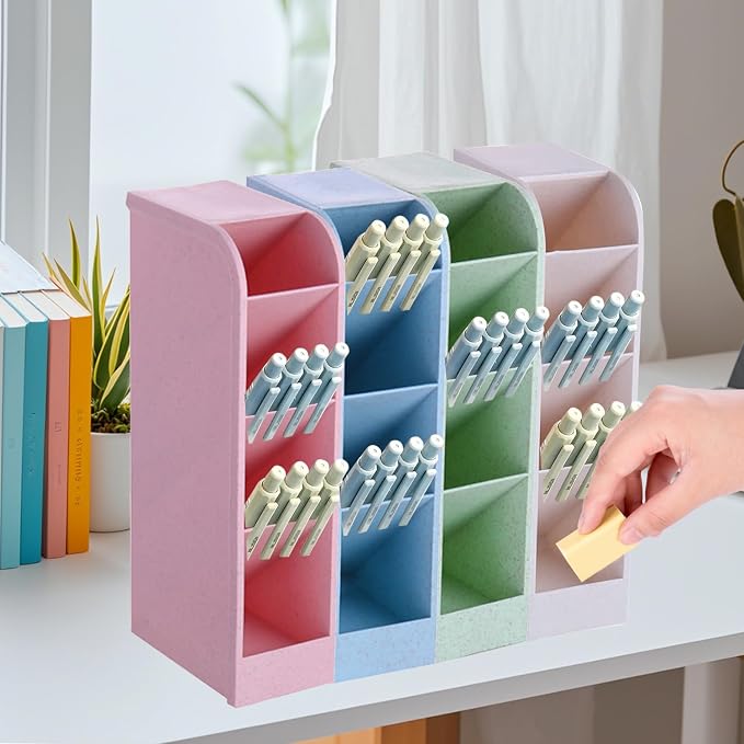 4-Grid Vertical Desk Organizer, Plastic Pen Holder | Pencils & Markers & Pens | Multifunctional Stationery Caddy | School Home Office(Pink)