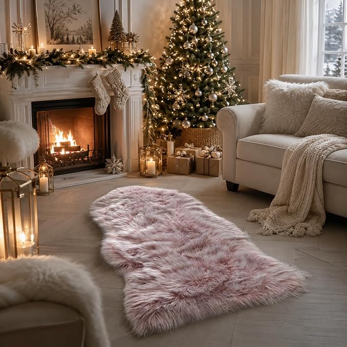 EasyJoy Faux Sheepskin Rug, Fluffy Faux Fur Rug, Ultra Soft Shag Area Rug with Non-Slip Backing for Bedroom, Living Room, Nursery, Kids Room(2 x 4 ft Sheepskin, Frosted Bottom Pink)