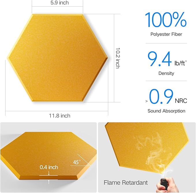 18 Pack Self-adhesive Acoustic Panels 12" X 10" X 0.4" -Sound Proof Foam Panels for wall with High Density, Hexagon Design, Flame Resistant, Absorb Noise and Eliminate Echoe(Orange Yellow)