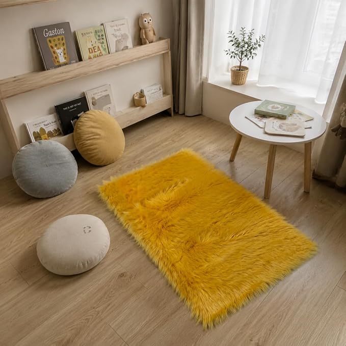 EasyJoy Faux Sheepskin Rug, Fluffy Faux Fur Rug, Ultra Soft Shag Area Rug with Non-Slip Backing for Bedroom, Living Room, Nursery, Kids Room(2 x 4 ft Rectangle, Golden Yellow)