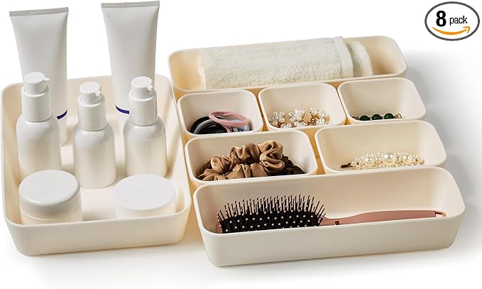 ISSEVE 8Pcs Silicone Drawer Organizer Trays for Bathroom, 4 Sizes, White | Nesting Organizer Trays, For Vanity, Desk, Nightstand, Makeup, Jewelry, Toiletries, and Office Small Items, Drawer Organizer