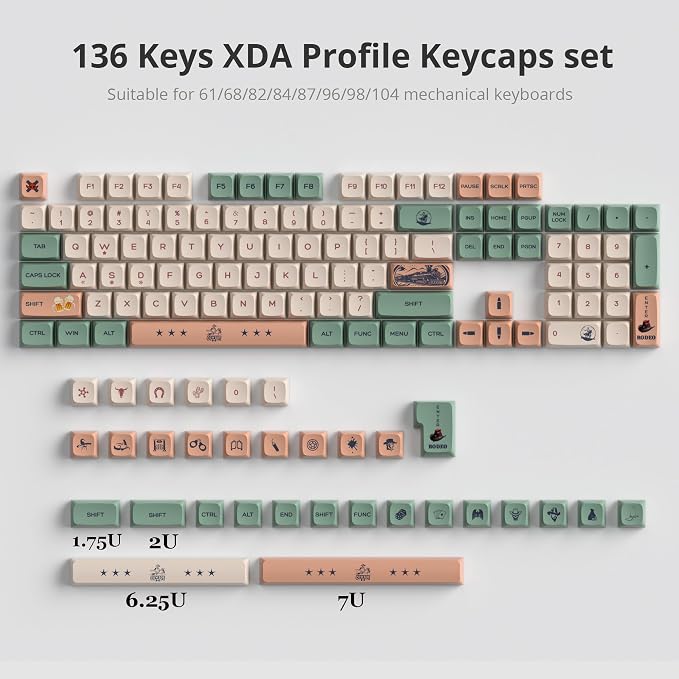 Guffercty kred 136-keycaps XDA Profile PBT Keyboard Key caps Full Set, Custom Keycaps Dye Sublimation for 61/68/84/87/108 Mechanical Keyboard (Cowboy)