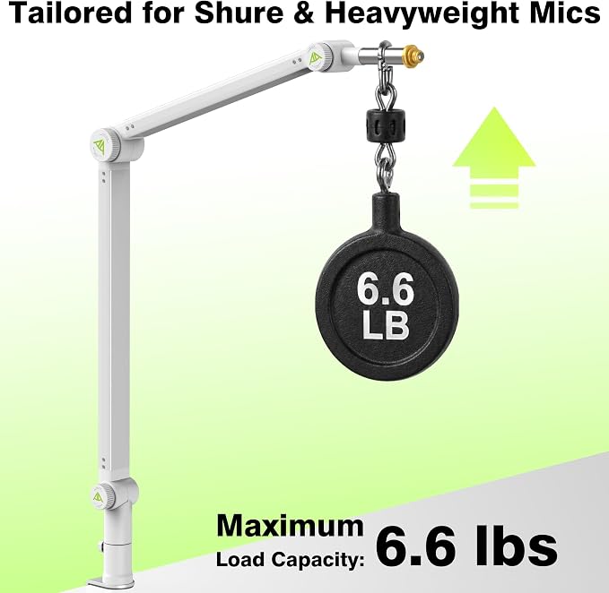 AA AUDIO ACCESSORY White Mic Boom Arm (Design for Heavy Mic) Extra-Long 950mm, 6.6lbs Load Capacity, Gear-Lock Suspension Scissor Microphone Stand Desk Mount for Shure SM7B SM7dB MV7, Blue Yeti, Rode