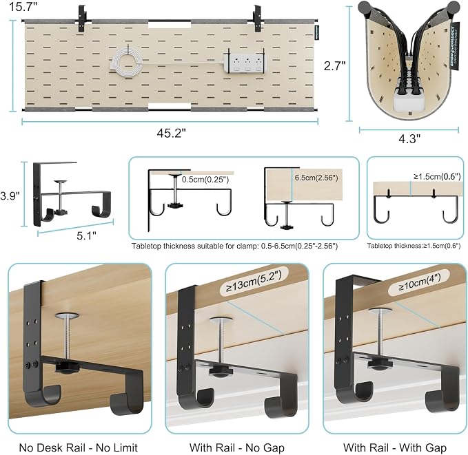 No Drill Under Desk Cable Management Tray, 45.2" Felt Cord Organizer | Clamp/Screw Mount Desk Cable Management, As Standing Desk Privacy Panel, Desk Wire Management for Office, Home