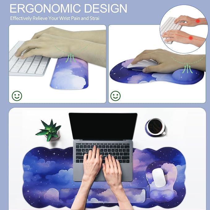 Petmolico Desk Pad Set with Wrist Rest for Keyboard & Mouse, Cloud Sky | Anti-slip PU base, durable Lycra & memory foam, relieves wrist fatigue, perfect for work, home & daily use
