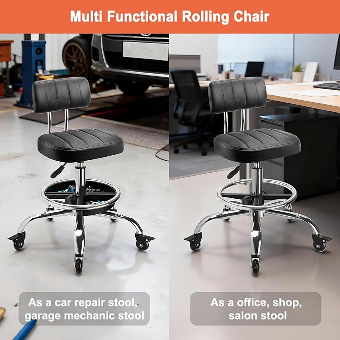 Garage Mechanic Stool with Backrest, Height Adjustable Heavy Duty Swivel Task Chair, Rolling Workshop Stool with Tool Tray Storage, Mechanic Chair for Garage, Shop, Auto Repair (Black)