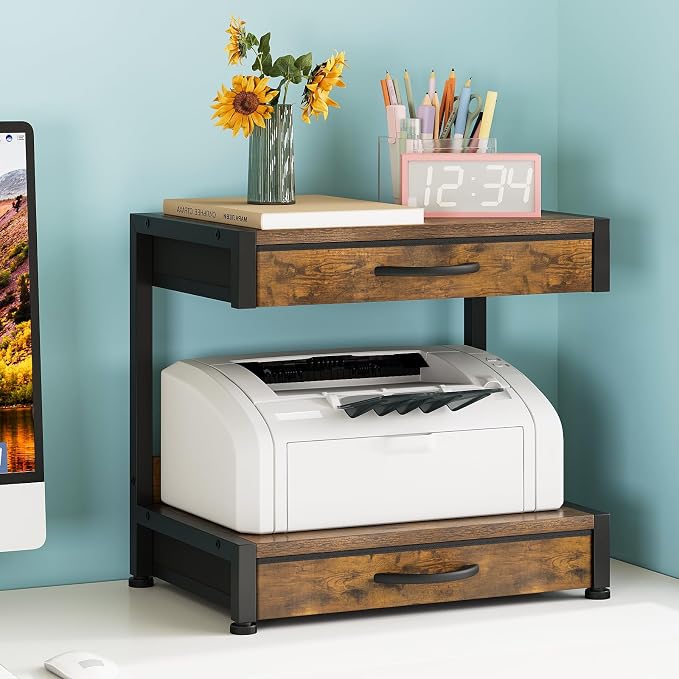 VENNQD 2-Tier Desktop Printer Stand with 2 Fabric Drawers, Prtiner Table with Storage Shelf, Desk Organizer for Home Office,3D Printer,Fax Machine,Scanner (Brown, 2 Tier)