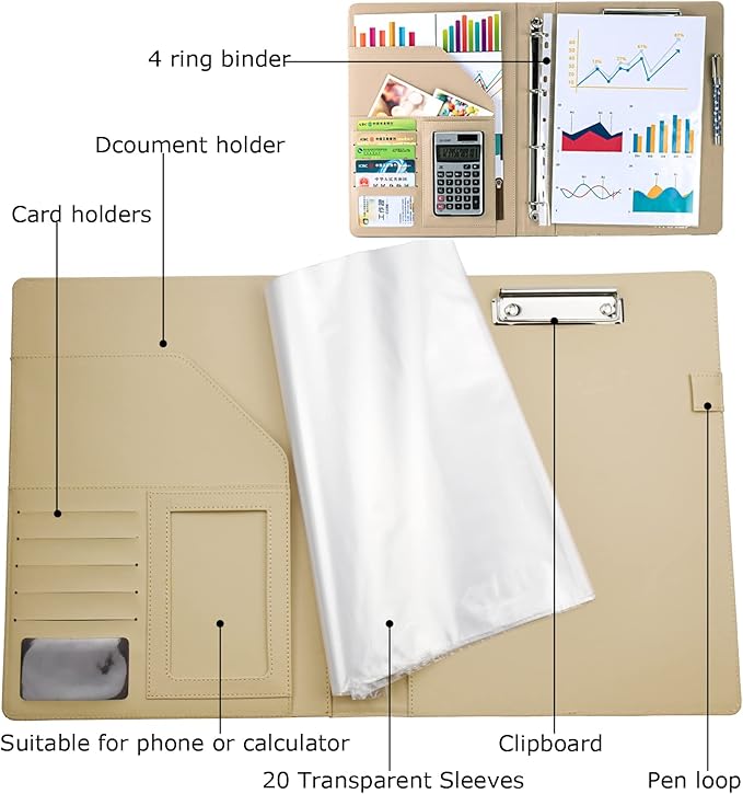 PU Leather Padfolio Ring Binder with Clipboard Resume Leather Portfolio with 20 Clear Plastic Sleeves Brown