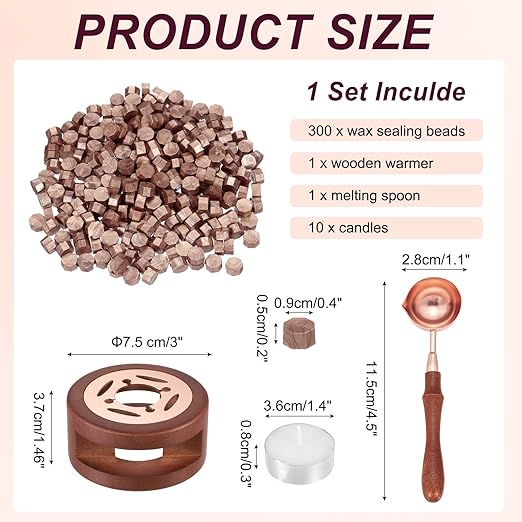 PATIKIL Wax Seal Kit, 300 Pcs Wax Sealing Beads, Wooden Warmer, Melted Spoon, 10 Pcs Tealight Candles for Envelope Letter Mailing Crafts DIY, Orange Gold