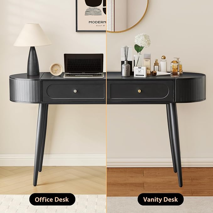 AVZEAR 59" Oval Fluted Home Office Desk, Mid Century Modern Computer Desk Wood Writing Desk with 2 Drawers + 2 Flip Storage, Farmhouse Vanity Table Executive Desk for Study, Living Room, Dorm(Black)