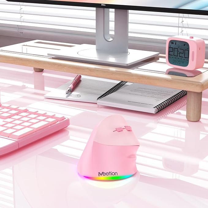 MEETION Ergonomic Mouse, Wireless Vertical Mouse RGB Backlit Rechargeable Mice for Bluetooth(5.2 + 3.0) USB, 4 Adjustable DPI Compatible Mac/Windows/Andriod/PC/Tablet/iPad Pink