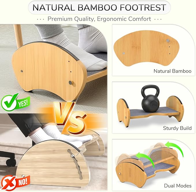 Bamboo Foot Rest for Under Desk - Fovima 2-in-1 Adjustable & Reversible Ergonomic Footstool, Permanent Dual-Sided Cushion, Tool-Free Height & Angle Adjustment