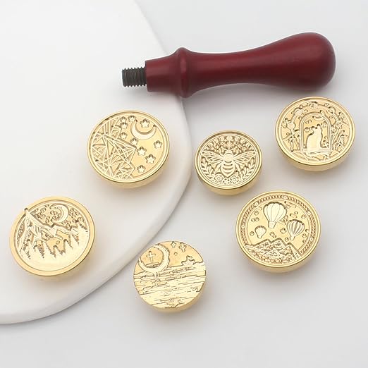 Wax Seal Stamp Kit, 6 Pcs Wax Seal Stamp Head 1 Wooden Hilt Letter Wax Seal Kit, Sealing Wax Stamp Seal Set Include Bee/Cat/Mountain/Sea/Moon Envelope Sealing Wax Stamps for Wedding Invitation