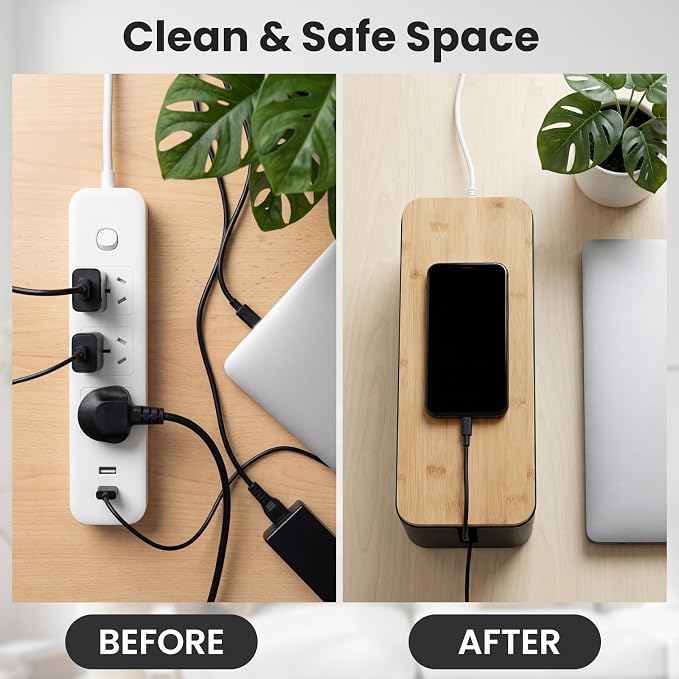 2 Pack Cable Management Box - Cord Organizer Box with Wooden Lid for TV Wires, Power Strips, Router, USB Hub & Under Desk Power: Baby & Pet Proof Cord Management, Cord Hider for Home & Office(Black)