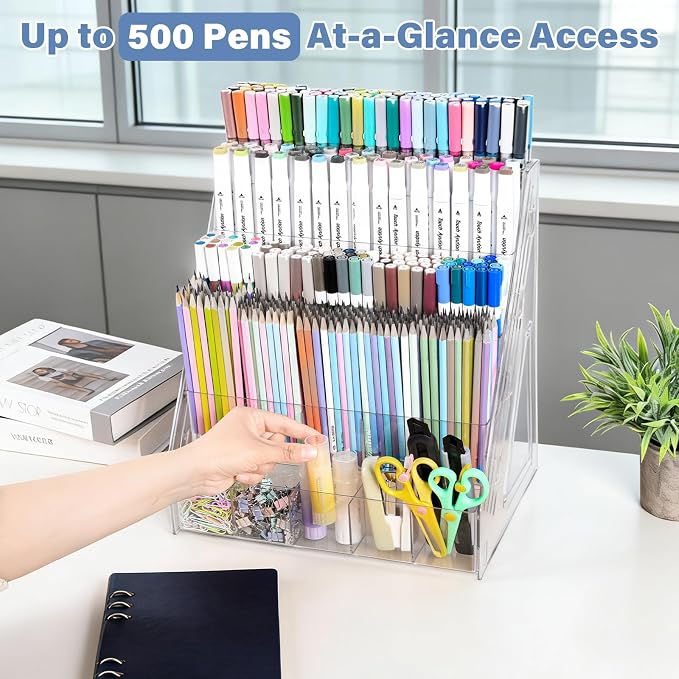 CELSOL Acrylic Marker Organizer – 4 Tier 20 Compartments for Pens, Markers, Art Supplies & Office Essentials – Clear Vertical Desk Storage for Home, Office & School