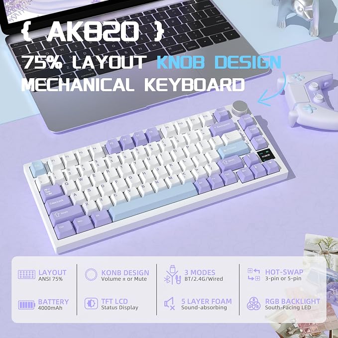 Attack Shark ajazz AK820 Pro Wireless Mechanical Gaming Keyboard TFT Display &Knob Hot Swappable Bluetooth 5.1/2.4G hz/Type-C Gasket-Mounted RGB Backlit Custom Keyboard for PC/Win(Purple/Gift Switch)