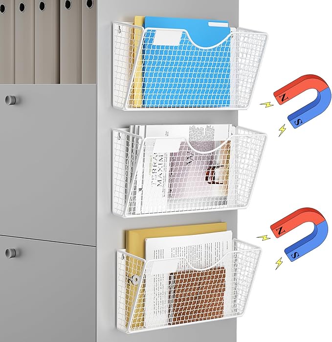 MFTEK Magnetic File Holder, 3 Pockets Wall File Folders Holder No Drilling Magnetic Paper Mail Organizer Magazine Basket, Hanging Storage Rack for Fridge Cabinets Office Classroom(White)