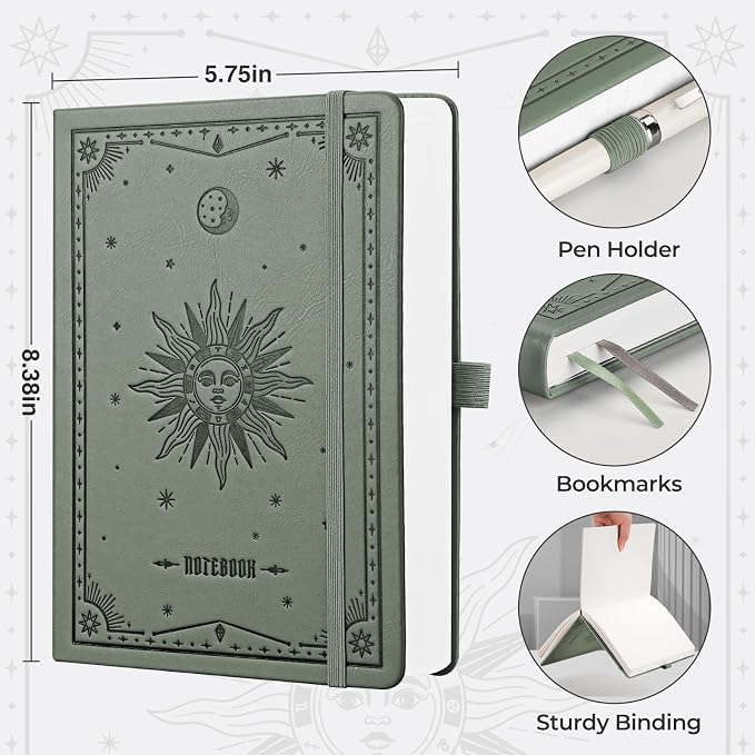 EMSHOI Dotted Journal Notebook, 320 Pages, A5 Small 5.75"x8.38", PU Leather Hardcover, 100 GSM Thick Paper, 5mm Dot Grid Notebook for Journaling, Planning, Drawing, Writing, Green