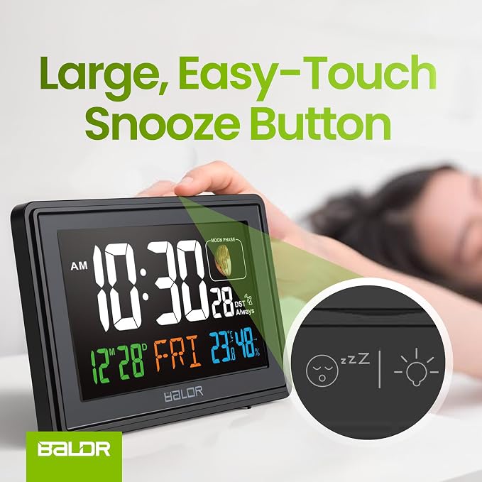 Baldr Digital Alarm Atomic Clock, 7'' Display with Adjustable Brightness | Large Desk Clock Indoor Temperature, Humidity & Moon Phase for Living Room Bedroom, Adapter Powered, Black