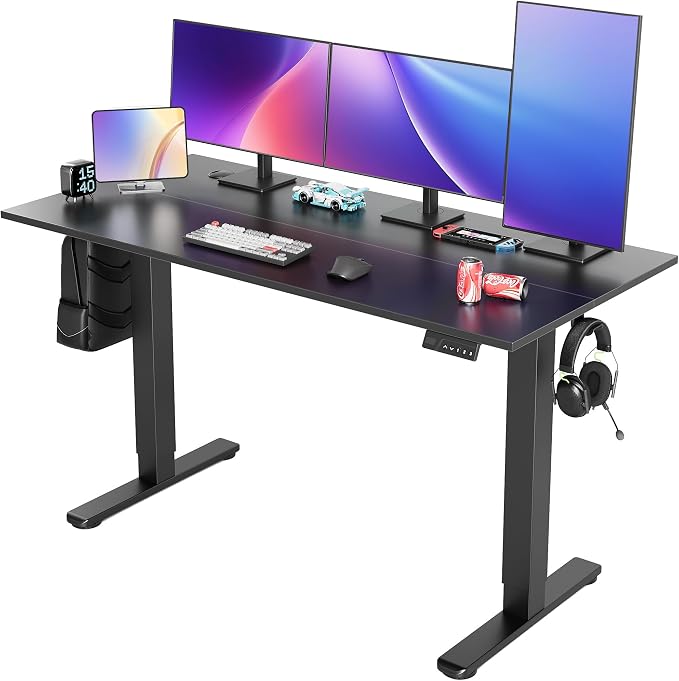 Seang Electric Height Adjustable Standing Desk, 55 x 24 Inch Sit-Stand Desk with T-Shaped Frame, 3 Memory Presets & Cable Management for Home Office Computer Workstation, Black Frame/Black Top