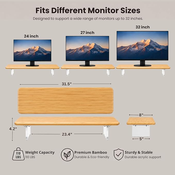 Bamboo Monitor Riser, Wide Desktop Monitor Stand for Desk with Clear Acrylic Legs, 31.5 x 8inch Bamboo Wood Shelf, Fit Keyboard, Home Office Workspace Accessories, Study Stationaries Storage (Natural)