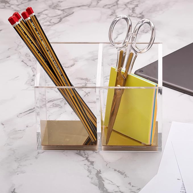 Mouchoi Modern Acrylic Pen Holder with 2 Compartments Gold Base, Multifunctional Pencil Holder for Desk Gold Mirror, Makeup Brush Holder, Marker Holder for Office, Classroom, Home