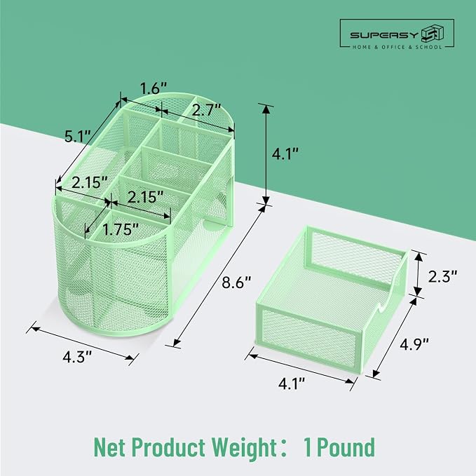 Mesh Desk Organizer with Drawer, 9-Compartment Pen Holder for Desk, Green | Pull-Out Drawer Stores Pens, Pencils, Clips, Notes, and Small Office or School Supplies in One Compact Desk Caddy