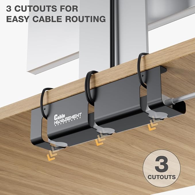 Under Desk Cable Management Tray, 2 Pack 16 Inch Black Metal Cord Organizer, No Drill Adhesive or Screw Mount for Glass/Marble/Office/Gaming Desk, Black