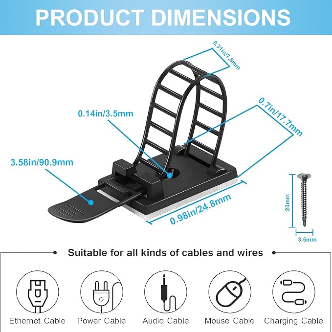 70 Packs Black Adhesive Cable Clips, Adjustable Reusable Zip Ties with Screw Mount, Self Adhesive Cable Management Organizer for Home Office Desk