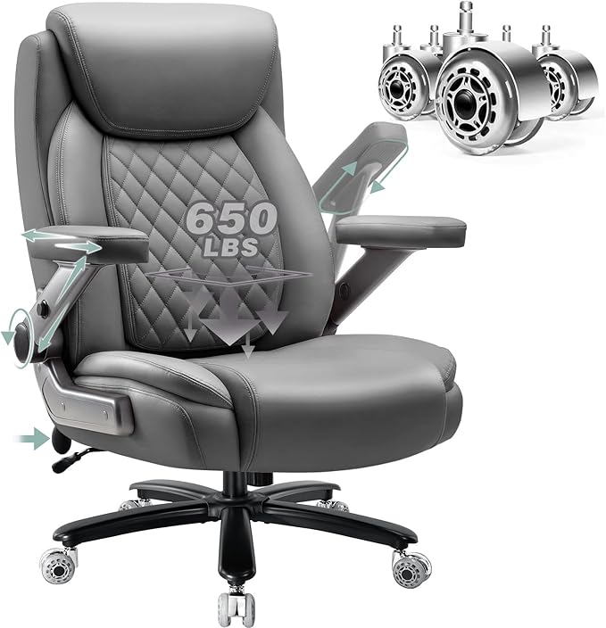 650LBS Big and Tall Office Chair with 5D Flip Arms and Thick Pocket Spring Cushion,Extra Wide Heavy Duty Office Chair&Adjustable Lumbar Support,Large High Back Computer Chair Dual Rubber Wheel (Grey1)