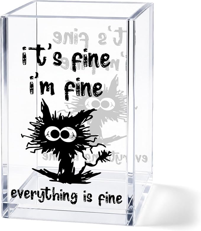 Funny Acrylic Pen Holder Cup, “It’s Fine I’m Fine Everything Is Fine” Desk Decor, Cute Pencil Holder Organizer,Office Desk Accessories