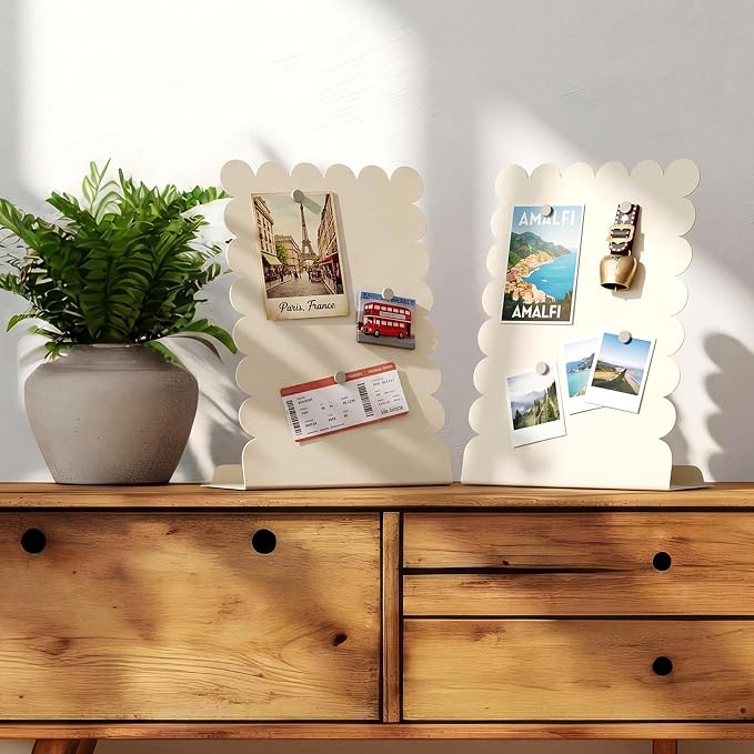 Gueevin 2 Pcs Magnet Board Standing Magnetic Metal Board for Desk and Wall Scalloped Magnetic Display Stand for Memos Photos and Documents Home Office School Desk Storage Decoration(White,Large)