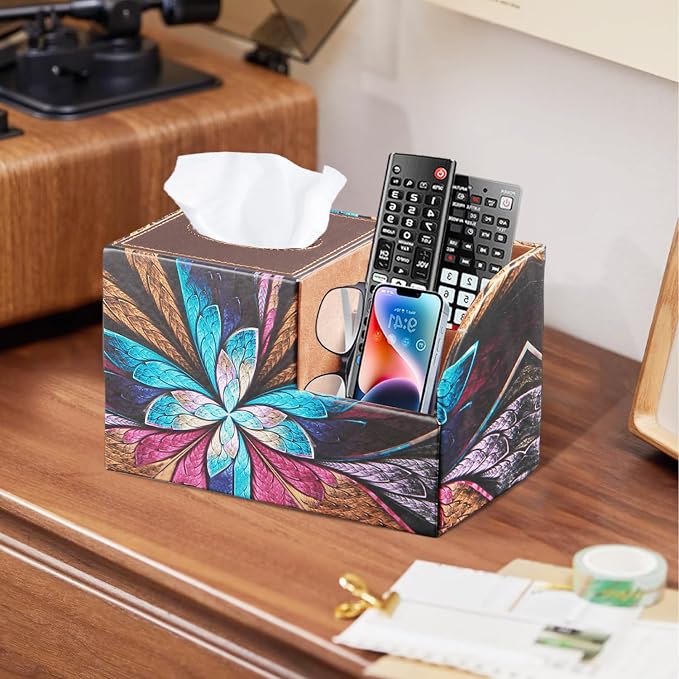 PU Leather Square Tissue Box Cover - Multi-Functional Tissue Box Holder | Tissue Box Cover with Storage,Tissue and Remote Control Holder,Cube Tissue Box Organizer Bedroom Nightstand End Table