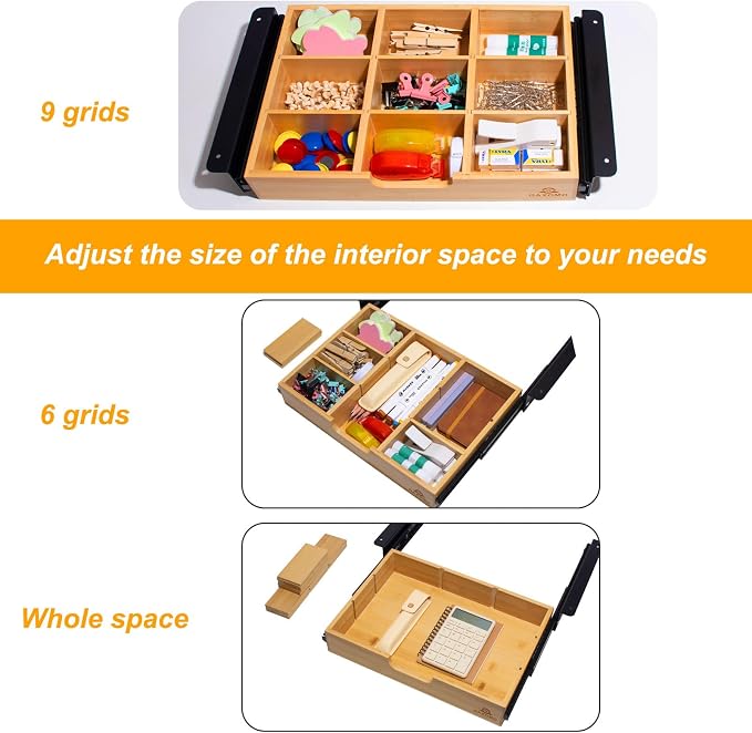 Under Desk Bamboo Drawer with U-Shaped Hollow Panel to Pull Out, 13'' Long & 9.5'' Deep Adjustable Space Storage Organizer for Sit Stand Workstation