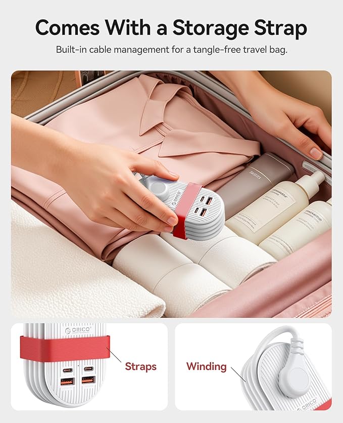 ORICO 22.5W Travel Power Strip, 7 in 1 Charging Station with 3AC, 2 USB-A, 2 USB-C, 4ft Thin Extension Cord, Flat Plug Fashion Essential for Travel/Home/Office/Library/Dorm - TK22