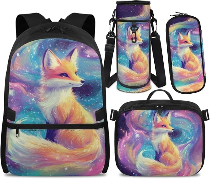 Doojoayie Cute Fox Backpack for Girls with Lunch Box 17 inch Kids Bookbag Kawaii Backpack for Girls Aesthetic Kindergarten Back to School Bags for Teens Junior Large Capacity Back Pack