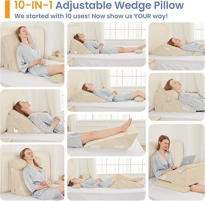 Sasttie Adjustable Wedge Pillow Set for After Surgery, Beige | 2PCS Bed Wedge Pillow Headboard with Memory Foam Neck Cushion, for Acid Reflux, Sleeping, Neck & Back Support
