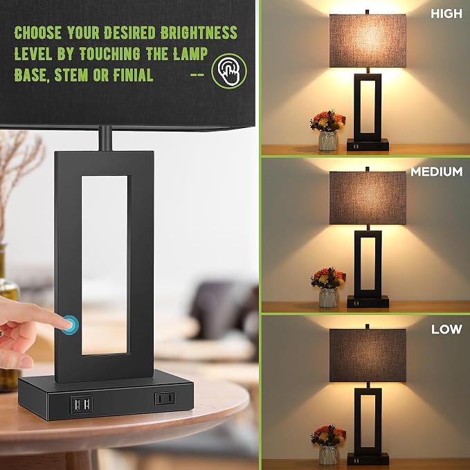 Set of 2 Touch Control Table Lamps with 2 USB Ports&AC Outlet, 3-Way Dimmable Modern Nightstand Lamp Sets, Bedside Black Lamps for Bedroom Living Room End Tables Reading, Bulbs Included, Black Shade