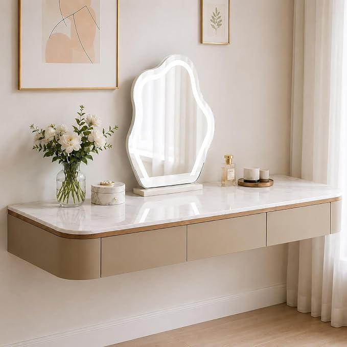 Floating Makeup Vanity Desk with Drawers Wall Mounted Makeup Table with Storage Fully Assembled Floating Vanity Desk Space Saving Modern Dressing Table for Bedroom Closet(Khaki Marble,63")