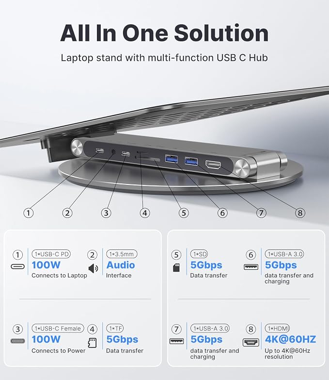 KU XIU Adjustable Laptop Stand with 8 in 1 USB C Hub, Foldable Portable Computer Notebook Stand with 360° Rotating Base, Riser Holder Mount for All 10-17" Laptops (Gray)