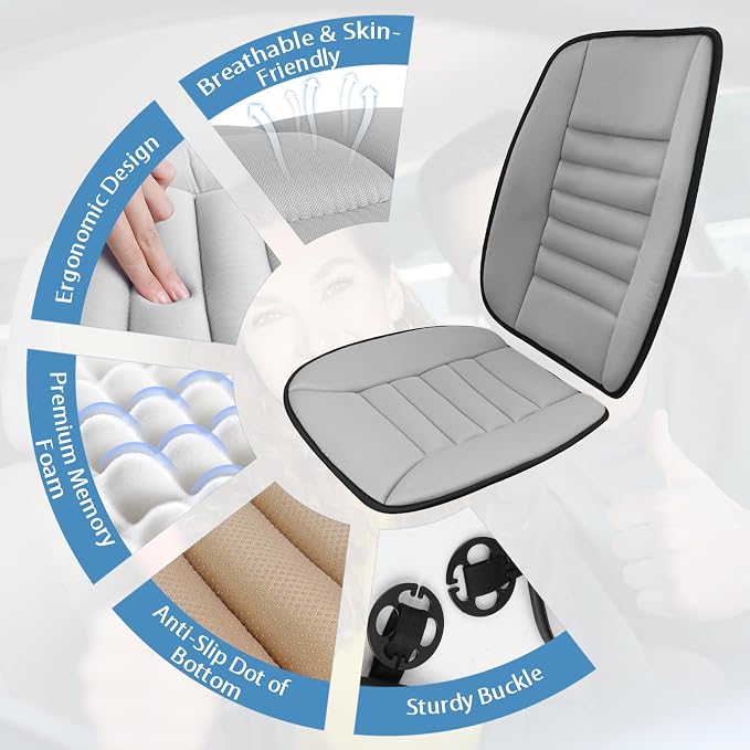 Car Seat Cushion, Memory Foam Cushion with Back Support, Gray | Seat Cushion for Full Back and Seat, Ideal for Car Seat Driver, Office Chair, Wheelchair and Back Pain Relief