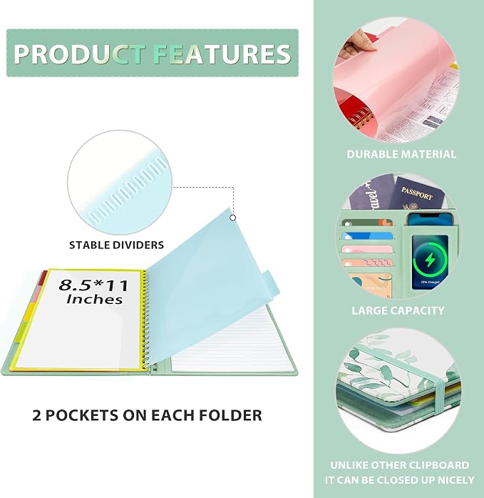 Ospelelf Clipboard with Storage, Leather Padfolio Portfolio Organizer 5 Folders with 10 Pockets, Spiral Clipboard Folio with Notepad for Letter Size, Elastic Closure and Pen Loop Green Plants
